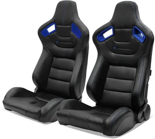 Miniatura 10 de IKON MOTORSPORTS, Par de asientos universales de carreras con deslizadores dobles, color negro con puntada naranja PU y cuero de carbono