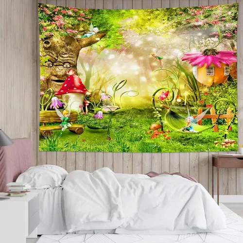 Miniatura 12 de HVEST Tapiz de bosque de cuento de hadas para colgar en la pared, estanque de lirios de agua, árboles mágicos, casas en el país de los sueños, tapiz