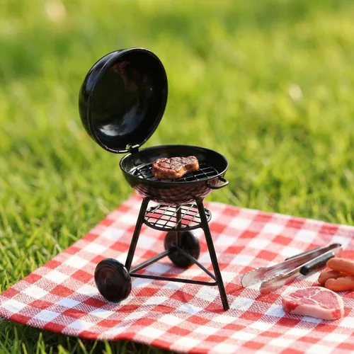 Miniatura 5 de Miniatura BBQ Grill Horno Modelo 1:12 Herramienta de cocina de casa de muñecas Decoración de jardín Accesorios Kicthen Carro de asado Soporte