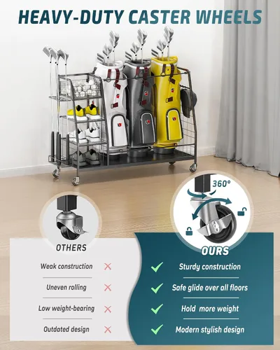 Miniatura 4 de Organizador de bolsas de golf para garaje – Estante de almacenamiento de 3 bolsas de golf con ruedas bloqueables – Soporte para equipos de golf
