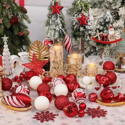 Miniatura 4 de Juego de 100 adornos de bolas navideñas - Surtido de adornos colgantes irrompibles para árbol con paquete de regalo reutilizable portátil para árbol