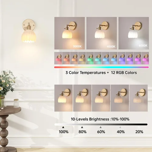 Miniatura 6 de Shenmoyl Aplique de pared vintage a pilas con bonita pantalla de vidrio de tulipán blanco, inalámbrico, recargable, luz de pared funciona