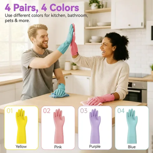 Miniatura 4 de Guantes de goma para lavar platos - 4 pares de guantes de cocina con ganchos de mano, guantes para el hogar, talla grande