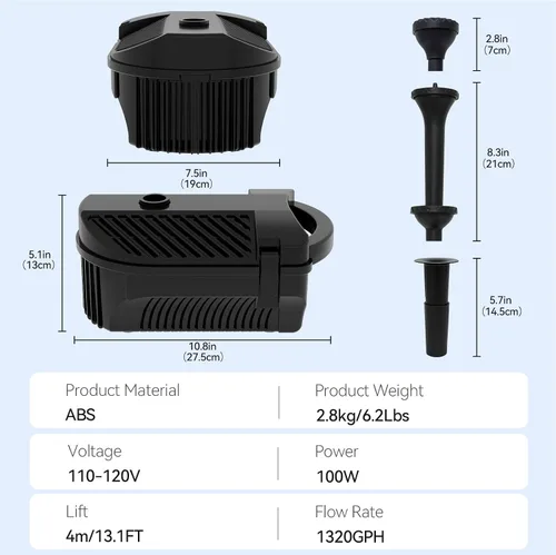Miniatura 6 de Bomba de fuente de agua grande de 1320 GPH/100 W, kits de fuente de bomba de estanque para exteriores, equipo de estanque con 3 opciones
