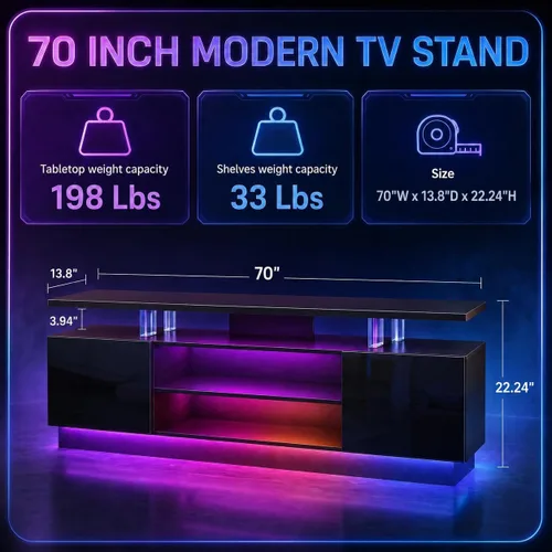 Miniatura 2 de Soporte de TV de alto brillo de 70 pulgadas con 2 armarios laterales, consola de TV moderna y elegante con luces LED de 3 capas, consola multimedia