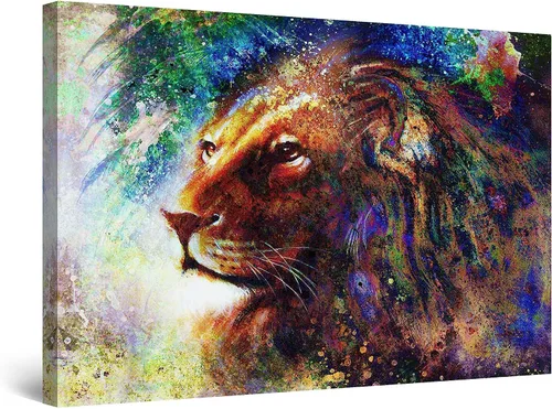Miniatura 19 de Startonight Lienzo decorativo para pared, diseño de león en colores, listo para colgar, para sala de estar, imagen grande, decoración de pared