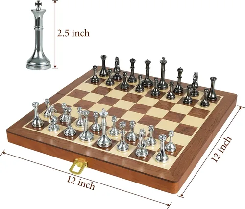 Miniatura 5 de ELONGDI Juego de ajedrez de metal para adultos y niños, tablero de ajedrez plegable de madera de 12 pulgadas y piezas de metal, juego de ajedrez