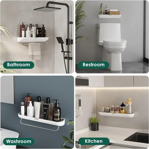 Miniatura 6 de Estante de ducha con toallero, organizador de baño moderno, autoadhesivo, resistente, se adhiere a la pared, sin perforaciones, plástico inoxidable