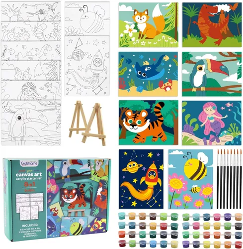 8 paquetes de lienzo preimpreso para pintar lienzo para niños, 48 pinturas, 8 pinceles, 2 caballetes, 8 lienzos impresos de 6x8 para niñas, niños y