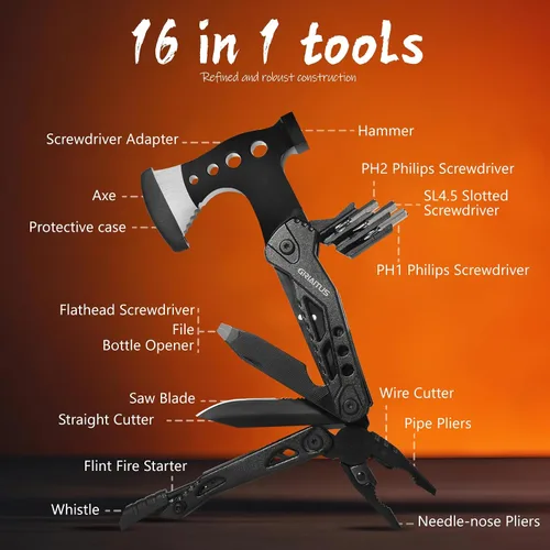 Miniatura 2 de Accesorios de multiherramienta para acampar, rellenos de calcetines para hombres 16 en 1 Multiherramienta Equipo de supervivencia con hacha