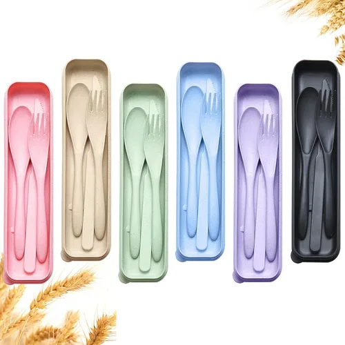 Miniatura 10 de YDYTOP Juego de utensilios de viaje reutilizables con estuche, cuchillo portátil de paja de trigo beige, tenedor, cucharas, vajilla, cubiertos