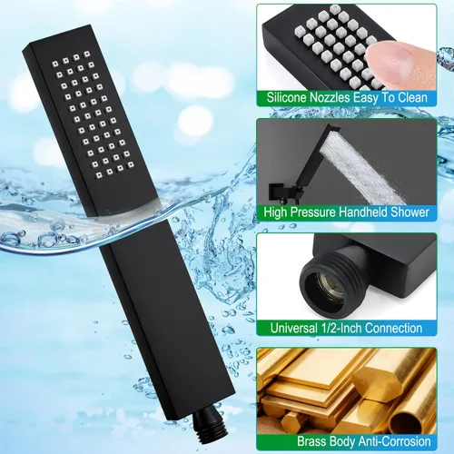 Miniatura 9 de ENGA Cabezal de Ducha de Mano Cuadrado Negro Mate de Latón Sólido Eco-Rendimiento con Conector de Pared y Manguera Juego de Cabezales de Ducha