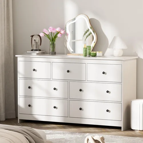 Miniatura 3 de Tradare Cómoda blanca de 7 cajones para dormitorio, cómoda de madera de 55 pulgadas de ancho con asas de metal, organizador moderno y grande
