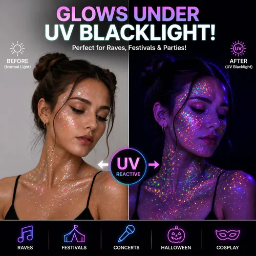 Miniatura 2 de 12 colores de gel con purpurina que brilla en la oscuridad, reactiva a la luz negra UV, para rostro y cuerpo, no necesita pegamento, grado cosmético