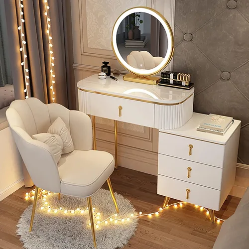 Miniatura 13 de Juego de tocador grande con luces LED, mesa de tocador de maquillaje con gabinete ajustable y taburete acolchado, 3 modos de iluminación, tocador