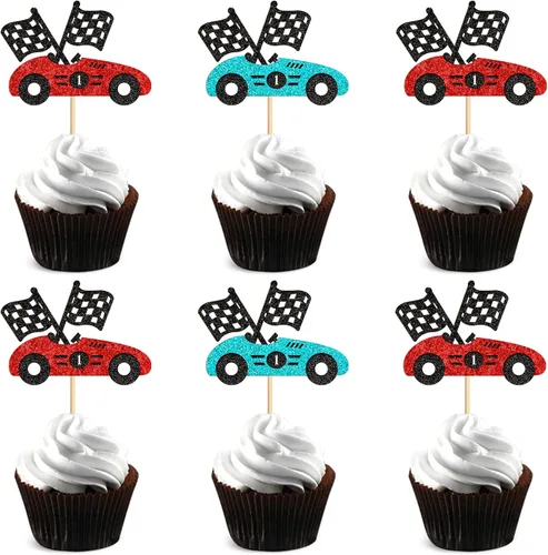 24 piezas de adornos para cupcakes de coche de carreras, trofeo brillante, bandera de carreras, decoraciones de pastel con temática de carreras,