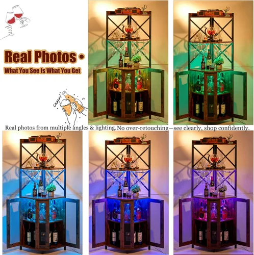 Miniatura 4 de JKsmart - Gabinete de esquina para barra con luces LED, gabinete de barra de vino industrial de 5 niveles con soporte para vasos, gabinetes de licor