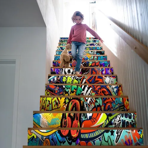 Miniatura 5 de Calcomanías modernas de grafiti en acuarela, calcomanías para escaleras para escaleras, abstracto, hip hop, ciudad, calle, pared, colorido, grafiti