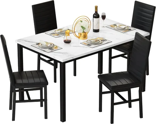 Miniatura 10 de Conjunto de mesa de comedor Lamerge para 4, mesa de mármol sintético y 4 sillas de cuero PU, mesa y sillas de cocina para 4, conjuntos modernos