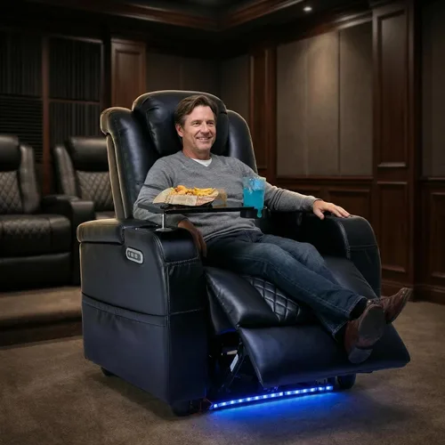 Miniatura 7 de Airadlis Asientos de cine en casa, sillas de cine de doble potencia, sofá reclinable de teatro con iluminación ambiental de 7 colores, almohada