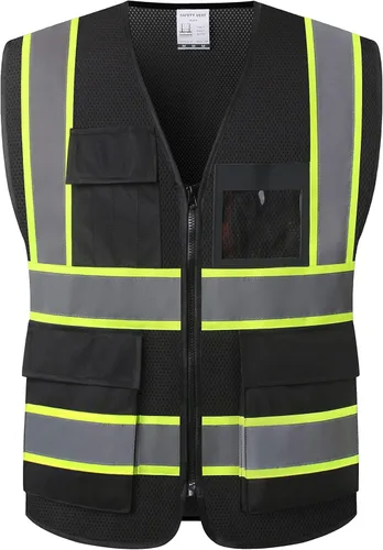 Chalecos de seguridad de malla negra reflectante de alta visibilidad con 8 bolsillos y cremallera frontal, chaleco de seguridad de alta visibilidad