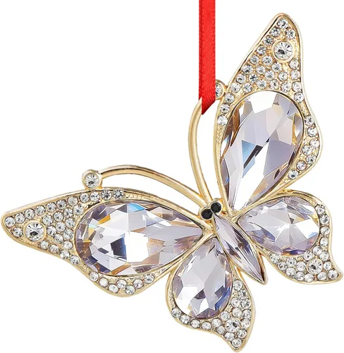 Miniatura 10 de WaaHome Adornos de Navidad de mariposa rosa 2025 – Hermoso adorno de recuerdo de mariposa monarca de metal para decoración de árbol de Navidad