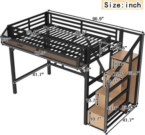 Miniatura 2 de SOFTSEA Cama alta individual XL con escaleras y almacenamiento, marco de cama de metal con puertos USB y luces LED, cama alta resistente con armario