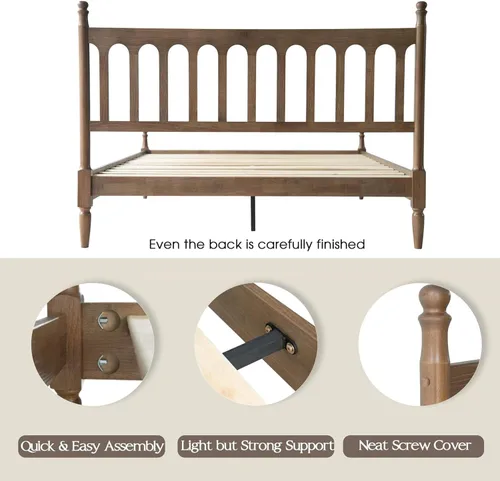 Miniatura 9 de Marco de cama de plataforma de madera maciza tamaño King con cabecero y pie de cama, base de 12 listones resistentes, patas de metal, no necesita