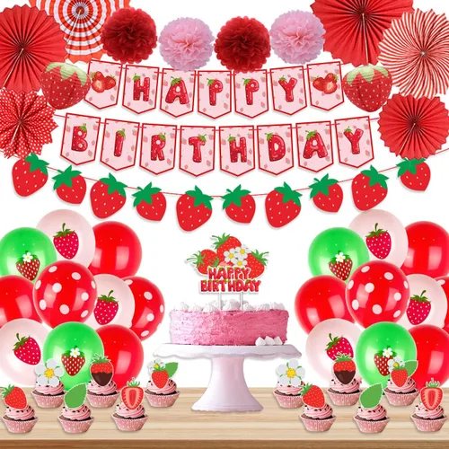 Decoraciones de cumpleaños de tartas de fresa: pancarta, adornos para pasteles, globos, pompones de papel y abanicos para fiesta temática de fresas