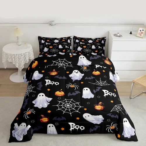 Miniatura 12 de Juego de edredón rosa con temática de Halloween, tamaño individual, edredón de farol de calabaza para adolescentes, juego de ropa de cama de Multi