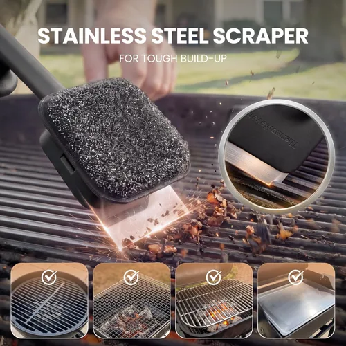 Miniatura 4 de ThermoMaven Cepillo para Parrilla de BBQ Sin Cerdas - Cepillo Limpiador de Parrilla de Vapor Seguro de 17" con Raspador y 3 Cabezales de Cepillo