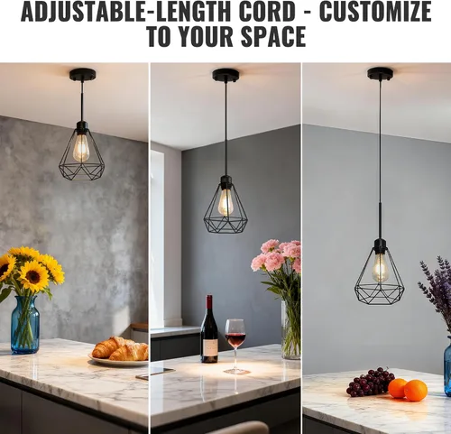 Miniatura 5 de Maliralt Lámpara colgante de luces colgantes – Lámparas colgantes ajustables con pantalla de diamante de metal negro para isla de cocina, comedor