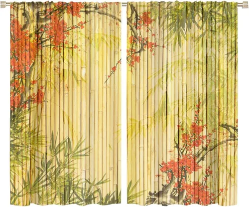 Miniatura 62 de Cortinas con estampado de bambú, tallos y hojas de bambú, temática oriental natural, oscurecimiento de habitación, ventana, ventana, cortina