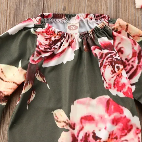 Miniatura 6 de Mameluco de manga larga con diseño de flores de encaje para bebé, color liso, conjunto de ropa con diadema