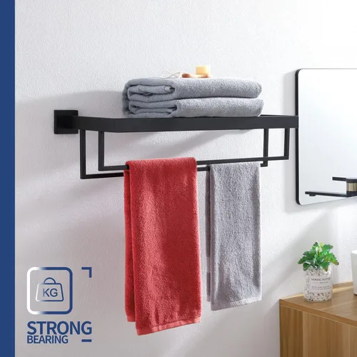 Miniatura 3 de KOKOSIRI Toallero negro mate de 24 pulgadas, estante de toalla de baño con barras de toalla dobles SUS304 de acero inoxidable montado en la pared