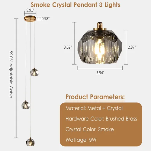 Miniatura 5 de Lámpara colgante de cristal de prisma de 3 luces, moderna lámpara colgante de cristal ahumado de 9 W, iluminación colgante de techo redondo triple