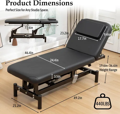 Miniatura 2 de Hohuqeri Mesa de masaje eléctrica profesional con control remoto, respaldo ajustable, cama médica para spa y depilación, silla de belleza de tatuaje