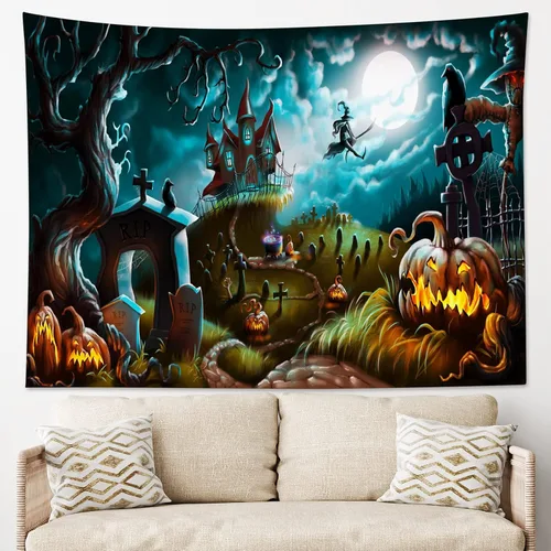 Miniatura 42 de HVEST Tapiz de noche de Halloween, tapiz para colgar en la pared, bosque embrujado con tumba y calabazas, manta de pared para dormitorio, sala