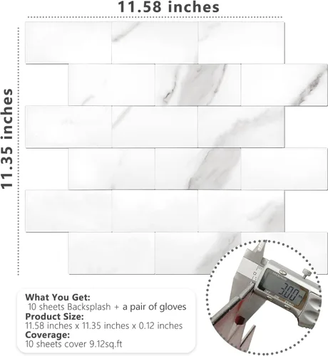 Miniatura 8 de STICKGOO azulejo de metro de 10 hojas para despegar y pegar, azulejo de pared autoadhesivo de PVC, salpicadero adhesivo de Calacatta para cocina