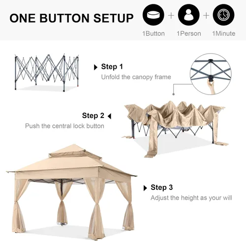 Miniatura 3 de ABCCANOPY Gazebo desplegable de 11 x 11 pies - Tienda de campaña con toldo para exteriores con mosquitera para patio, jardín y patio trasero (caqui)