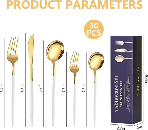 Miniatura 5 de Kawlity Cubiertos de acero inoxidable duraderos de color blanco y dorado, cuchillos pulidos, cuchara, tenedores, 30 piezas, vajilla de cena