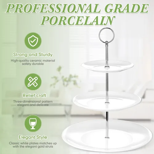 Miniatura 4 de Tatuo 2 soportes de porcelana de 3 niveles para cupcakes, torre para tartas, pastelería para servir postres, soporte escalonado de cerámica blanca
