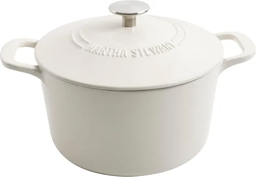 Miniatura 11 de MARTHA STEWART Gatwick - Horno holandés de hierro fundido esmaltado de 7 cuartos de galón, lino blanco con oro, horno holandés resistente para Lino
