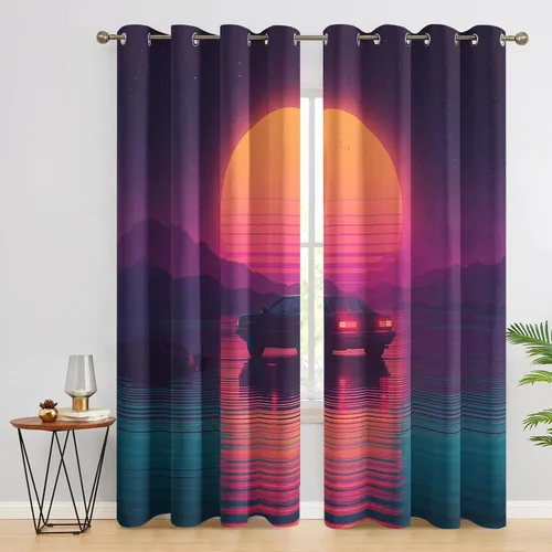 Miniatura 11 de Neon Palm Tree Curtains for Living Room, Synthwave Aesthetic Blackout Curtains for Bedroom, Grommet Drapes 39 Inch Length 2 Panels Set, Neon Palm
