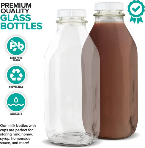 Miniatura 3 de Stock Your Home Botellas de leche de vidrio de litro (paquete de 2) – Tarros de leche de 32 onzas con tapas – Botellas de vidrio de grado