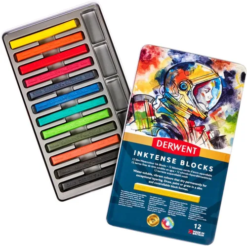Derwent Inktense Blocks - Juego de 12 bloques en caja metálica, bloque de 8mm, textura suave, soluble en agua, ideal para acuarela, ilustrar,