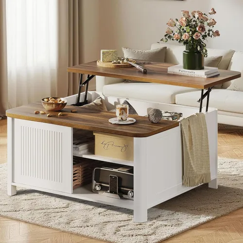 Miniatura 10 de Decofy Mesa auxiliar elevable con almacenamiento de mediados de siglo, modernas mesas de centro cuadradas para sala de estar, gran compartimento