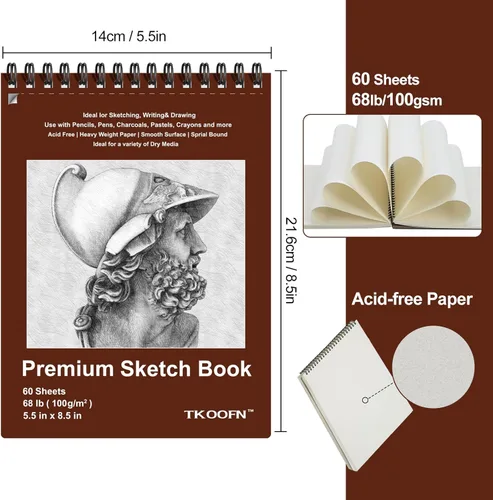 Miniatura 2 de TKOOFN Paquete de 10 cuadernos de bocetos de 5.5 x 8.5 pulgadas a granel (600 hojas en total), blocs de dibujo premium encuadernados en espiral