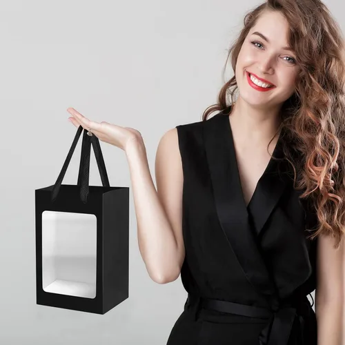 Miniatura 4 de BallHull 12 bolsas de regalo de papel kraft negro con ventana transparente, bolsas de compras kraft de 9.84"x7.0"x5.12" con asas para ramos
