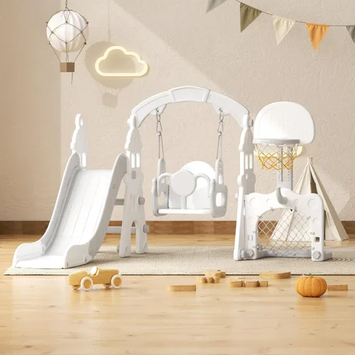 Miniatura 10 de YUFU Juego de Tobogán y Columpio 4 en 1 para Niños Pequeños, Tobogán para Niños con Escalador, Columpio, Aro de Baloncesto, Juego